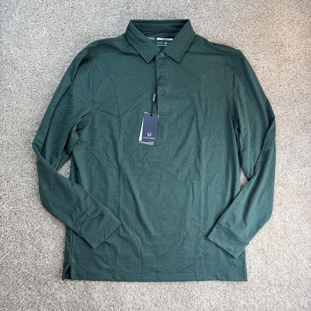 VANCAMEL Performance Polo Shirt Mens M Green Solid Stretch Long Sleeve UPF30